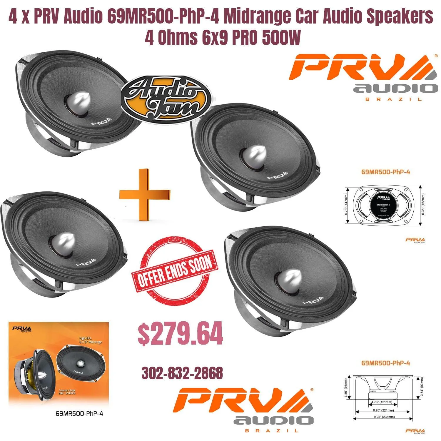 4 x PRV Audio 69MR500-PhP-4 Midrange Car Audio Speakers 4 Ohms 6x9 PRO 500W