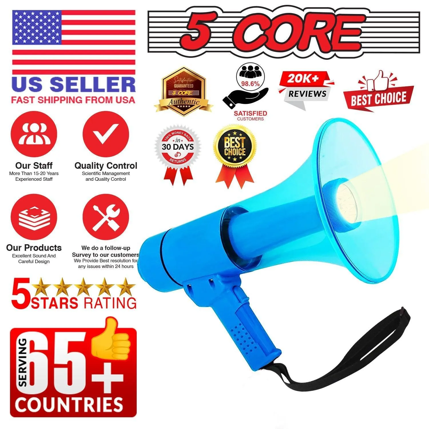 5Core Megaphone Portable 50W Bullhorn w Siren LED Light Adjustable