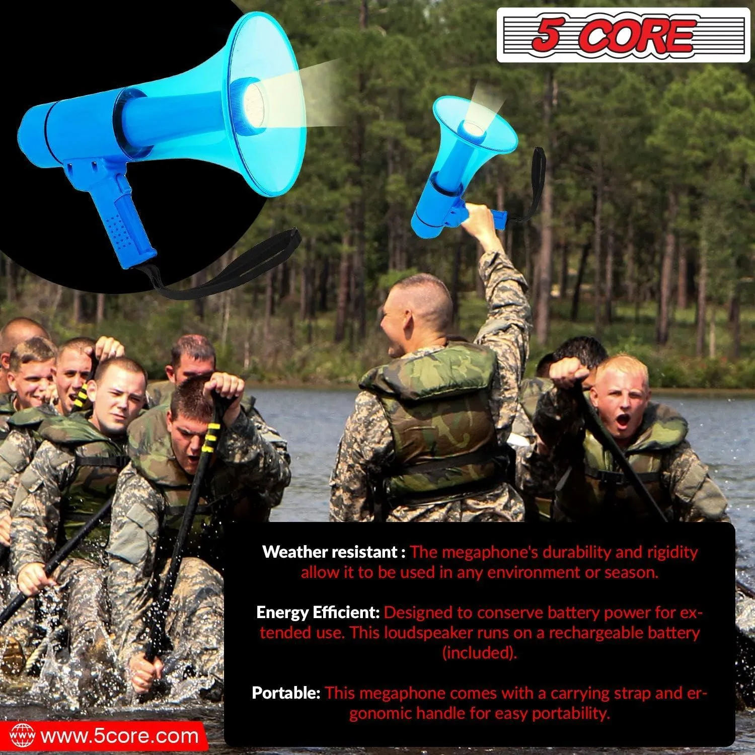 5Core Megaphone Portable 50W Bullhorn w Siren LED Light Adjustable