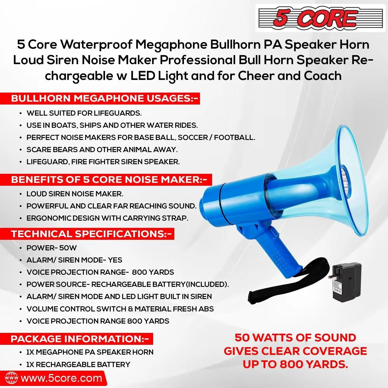 5Core Megaphone Portable 50W Bullhorn w Siren LED Light Adjustable