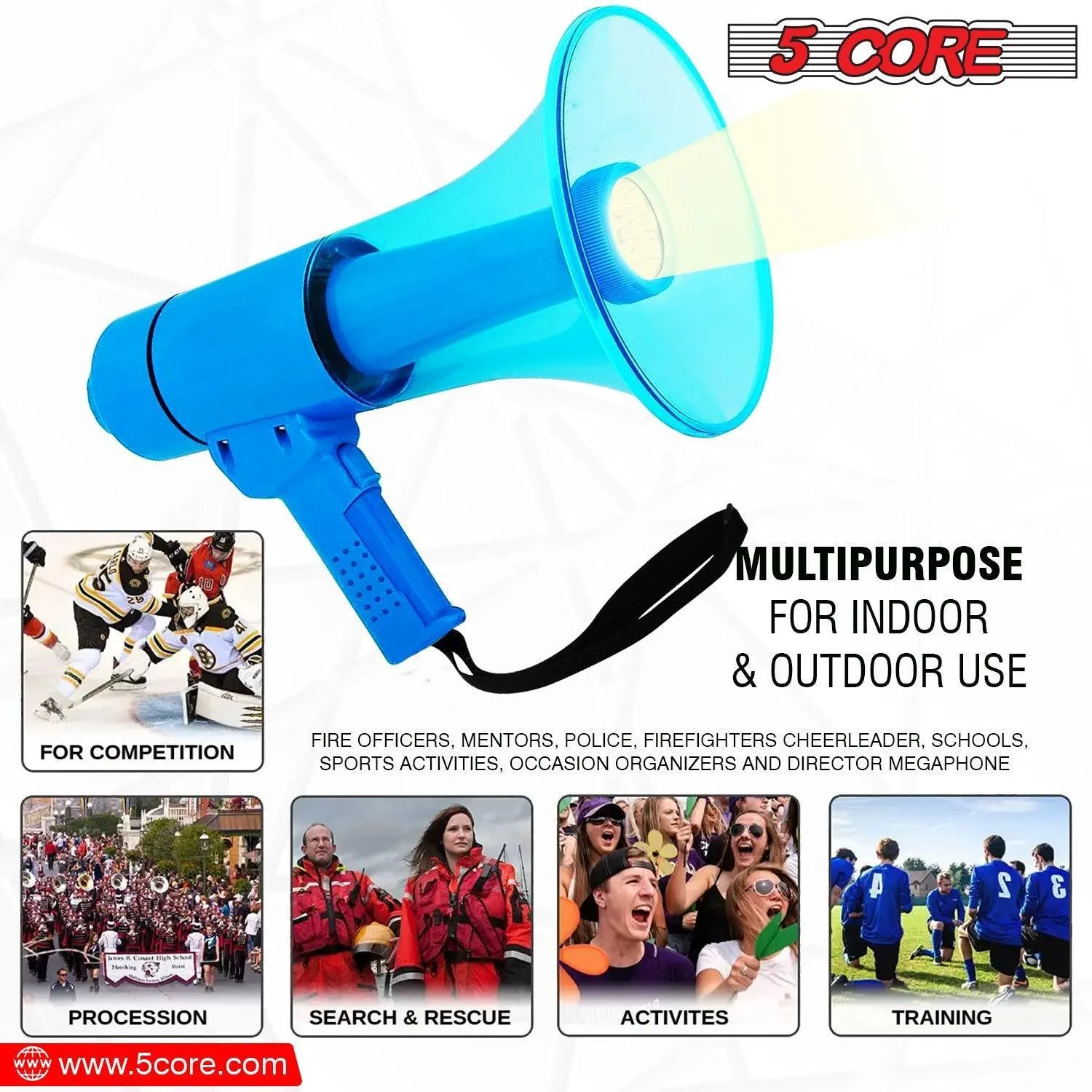 5Core Megaphone Portable 50W Bullhorn w Siren LED Light Adjustable