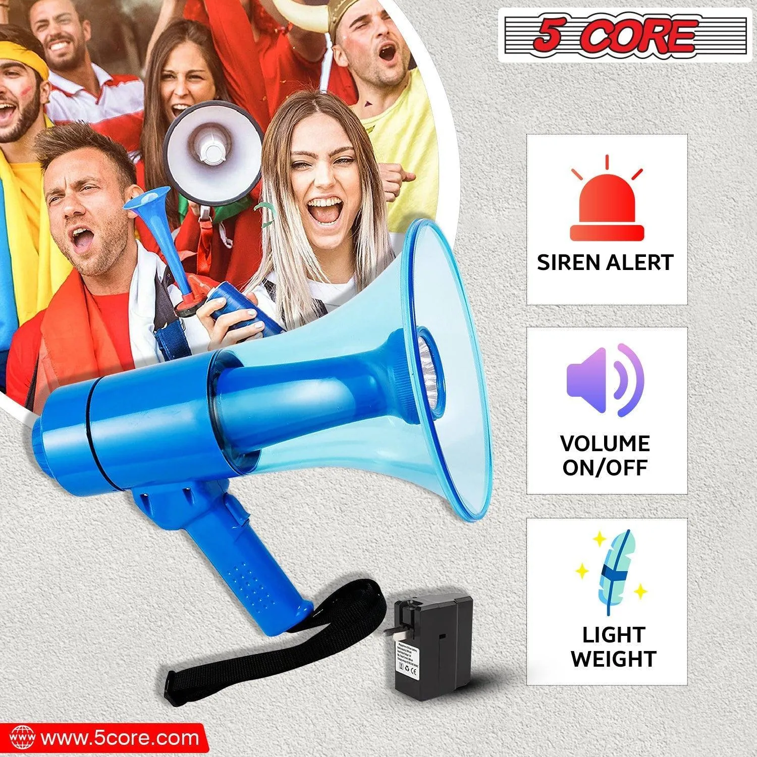 5Core Megaphone Portable 50W Bullhorn w Siren LED Light Adjustable