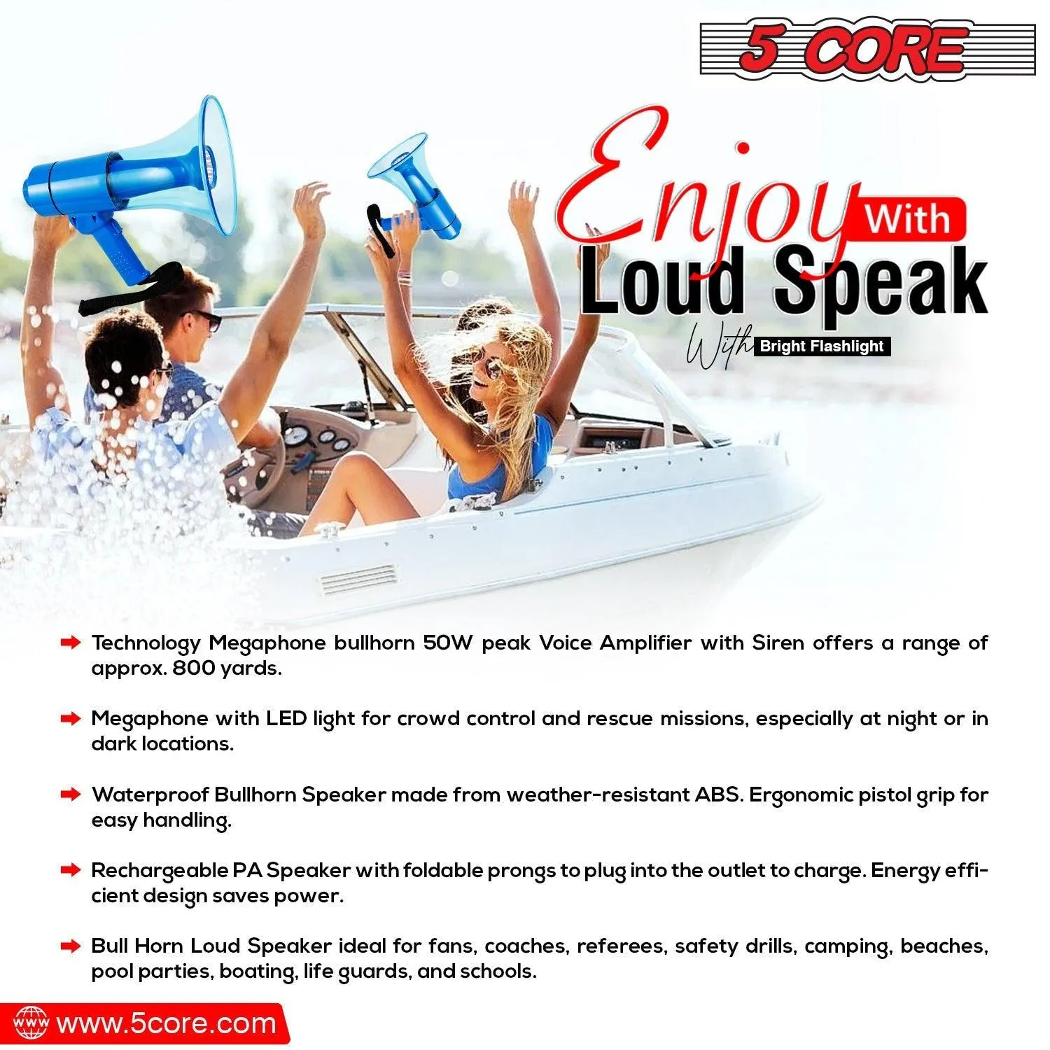 5Core Megaphone Portable 50W Bullhorn w Siren LED Light Adjustable