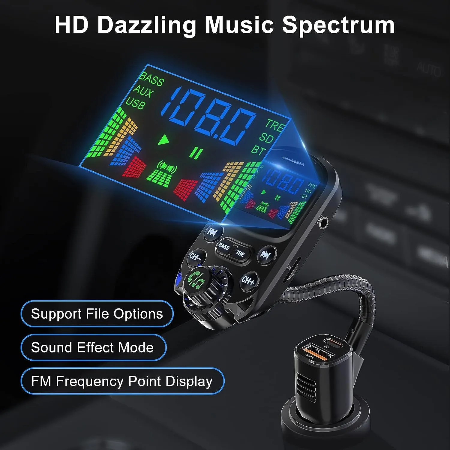 Bluetooth 5.3 FM Transmitter for Car- SOARUN Bluetooth Car Adapter PD30W & USB Port Fast Charge - Hifi Treble & Bass Player - 1.6" Display Hands-Free Calling - Car Radio with AUX Input/Output, TF Card