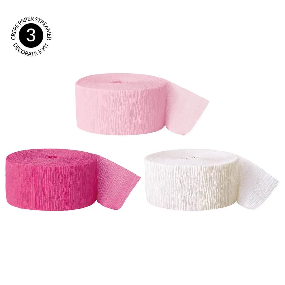 Blush Pink, Fuchsia Hot Pink, White Crepe Paper Streamer Hanging Decorative Kit