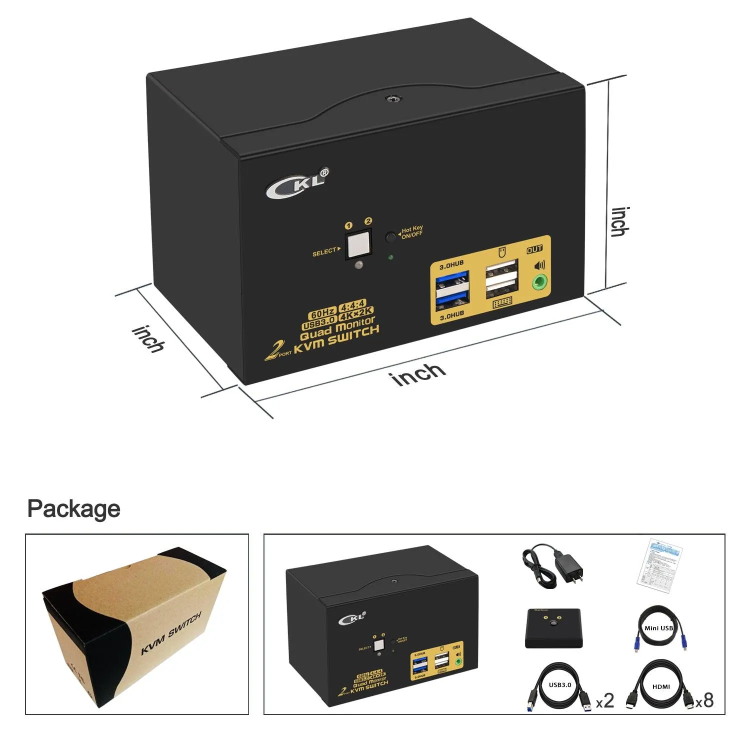 CKL 2 Port USB 3.0 KVM Switch 4 Monitors HDMI 4K 60Hz, Keyboard Video Mouse Peripherals Switcher for 2 Computers 4 Monitors with Audio CKL-924HUA-3