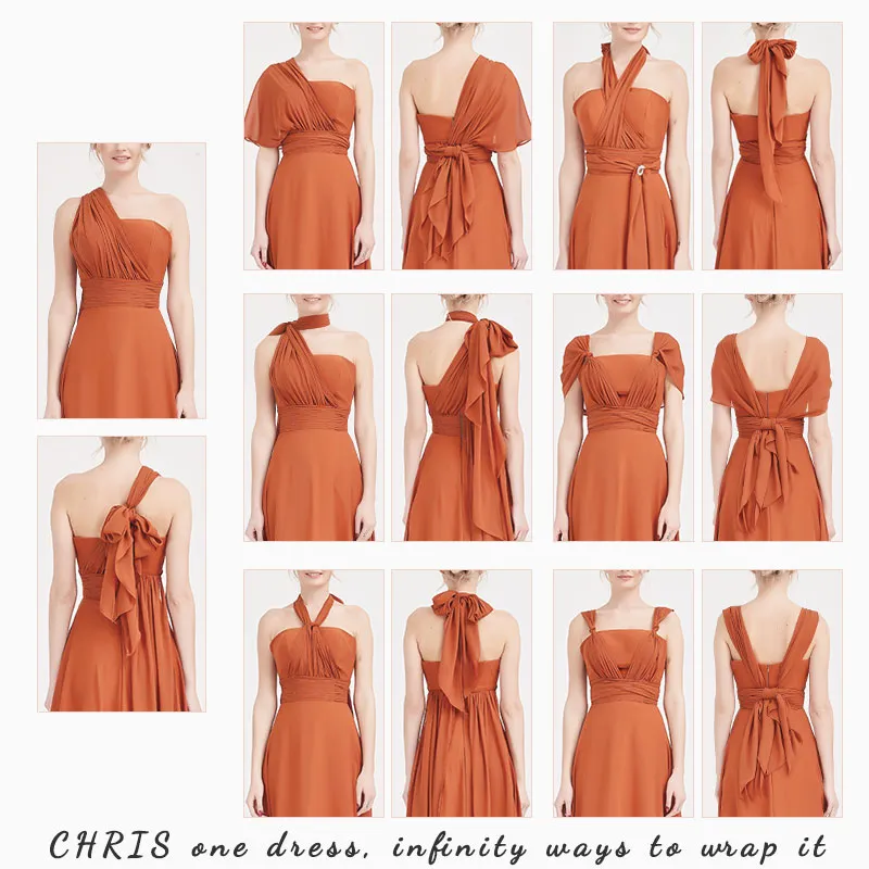 Convertible Chiffon Bridesmaid Dress Wrap Burnt Orange Maxi Gown