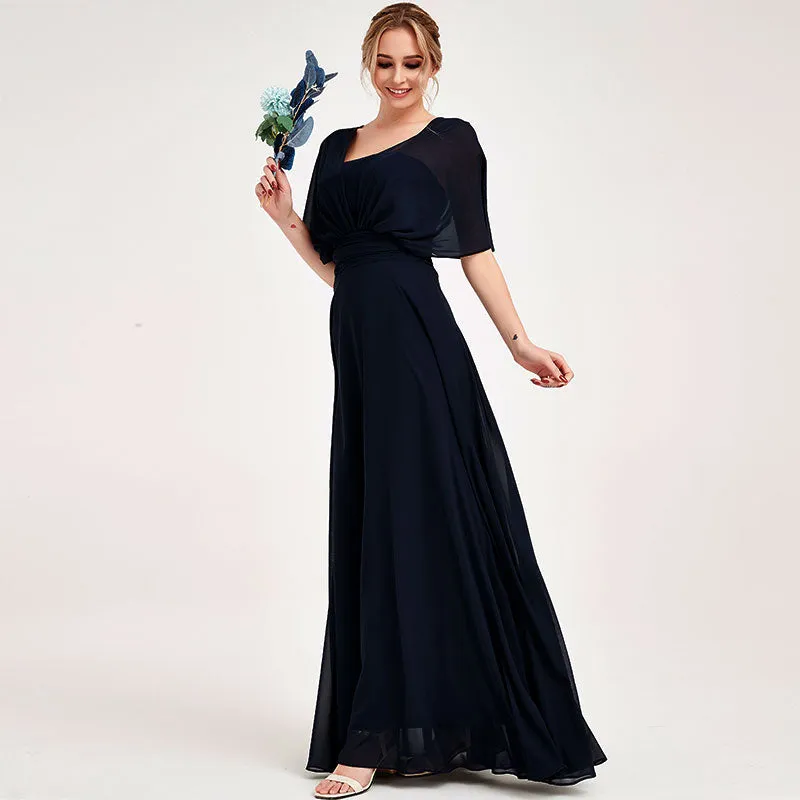 Dark Navy Convertible Chiffon Bridesmaid Dress Wrap Floor Length Gown