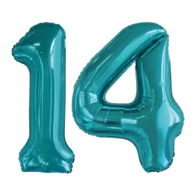 Giant Number 14 Foil Balloons - Teal