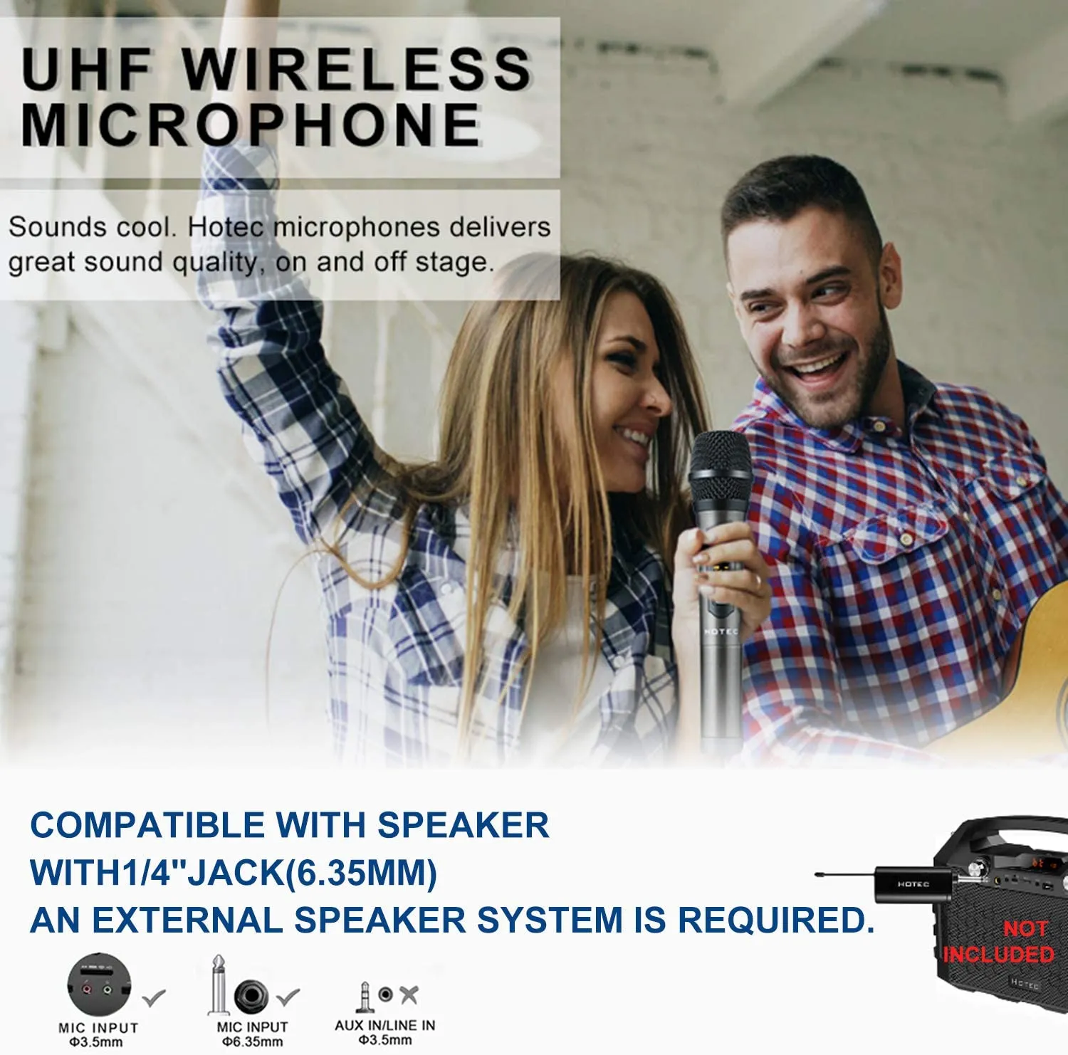 Hotec UHF Wireless Dynamic Handheld Microphone with Rechargeable 1/4” Output Mini Portable Receiver for Live Performance Over PA, Mixer, Speaker (H-U0