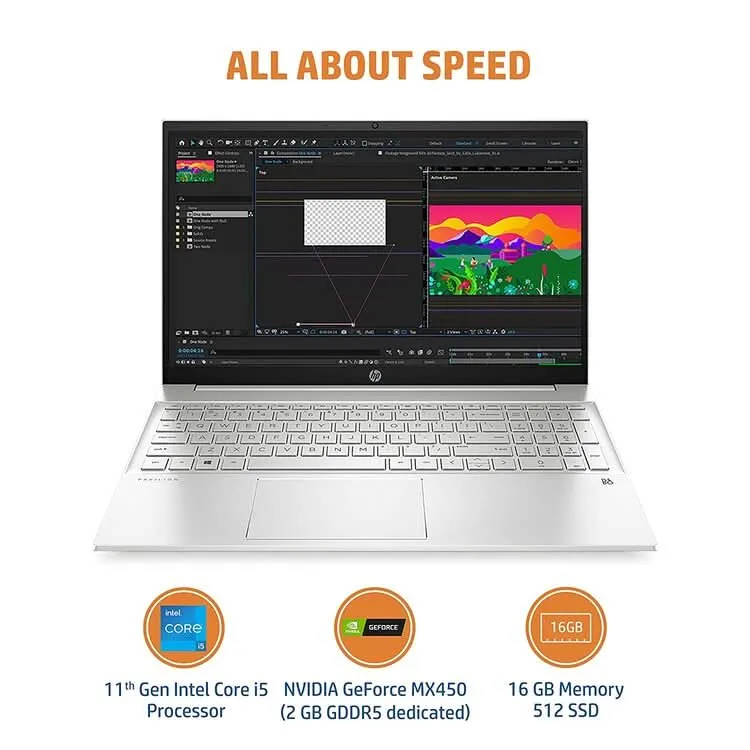 HP PAVILION 15-EG1000TX (I5-1155G7/16GB/512GB SSD/2GB GEFORCE MX450 GRAPHICS/15.6 INCHFHD IPS/ALEXA/B&O AUDIO/FPR/FAST CHARGE/WIN 11/MSO/SILVER) LAPTOP