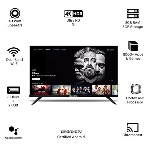 Kodak 108 cm (43 inches) Bezel-Less Design Series 4K Ultra HD Smart Android LED TV 43UHDX7XPROBL (Black)