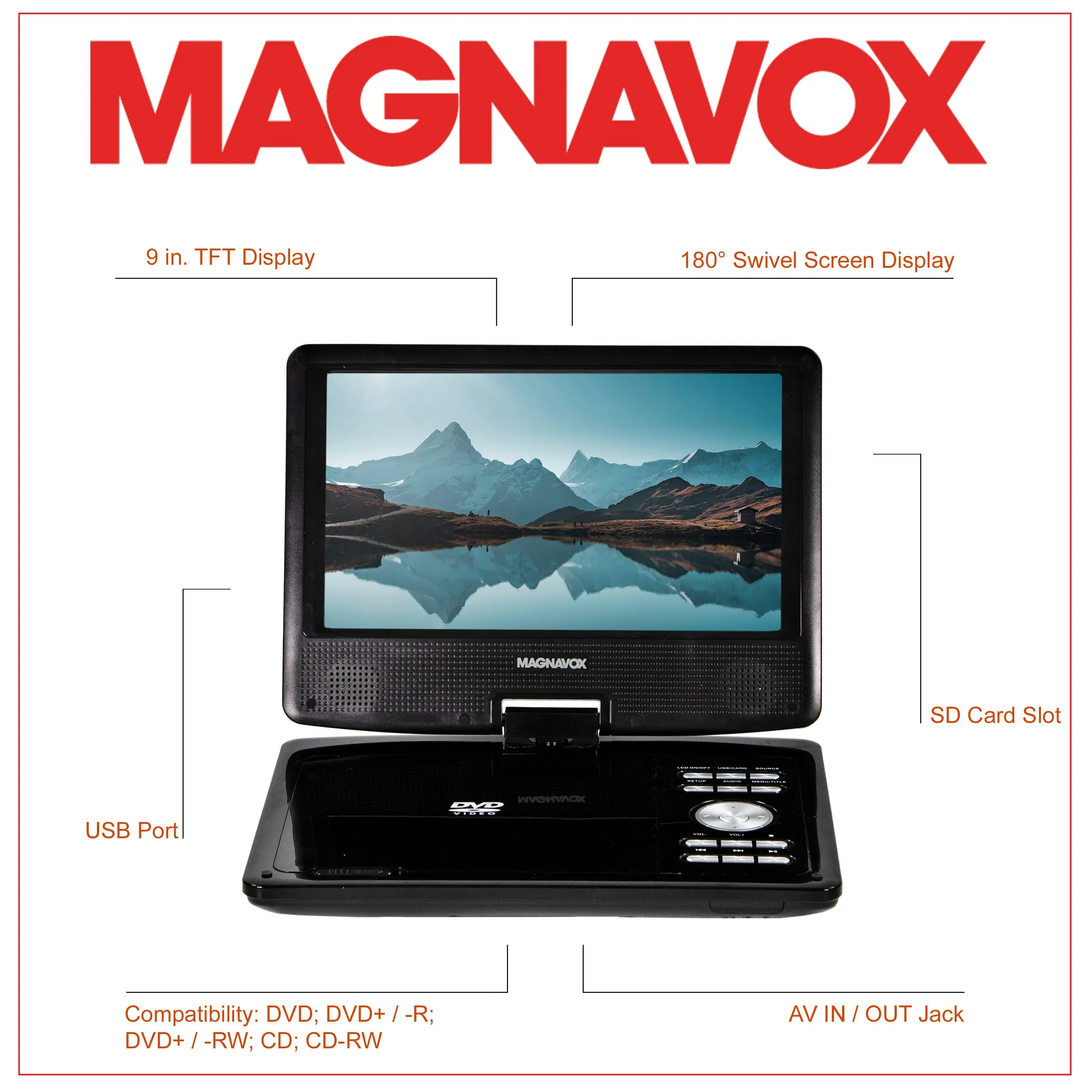 Magnavox MTFT713-BK Portable 9 Inch TFT Swivel Screen DVD/CD Player in Black