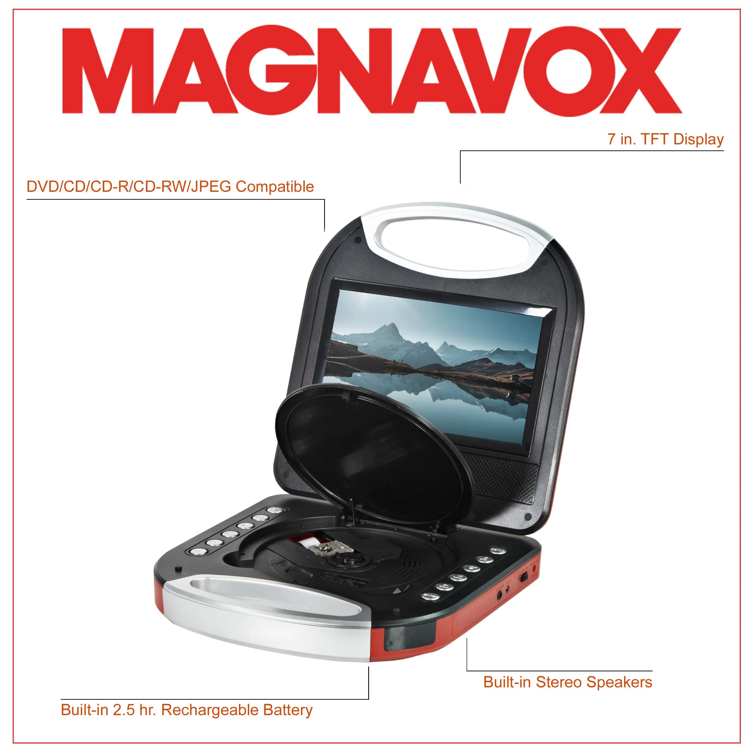 Magnavox MTFT750-RD Portable 7 inch DVD/CD Player with Remote in Red