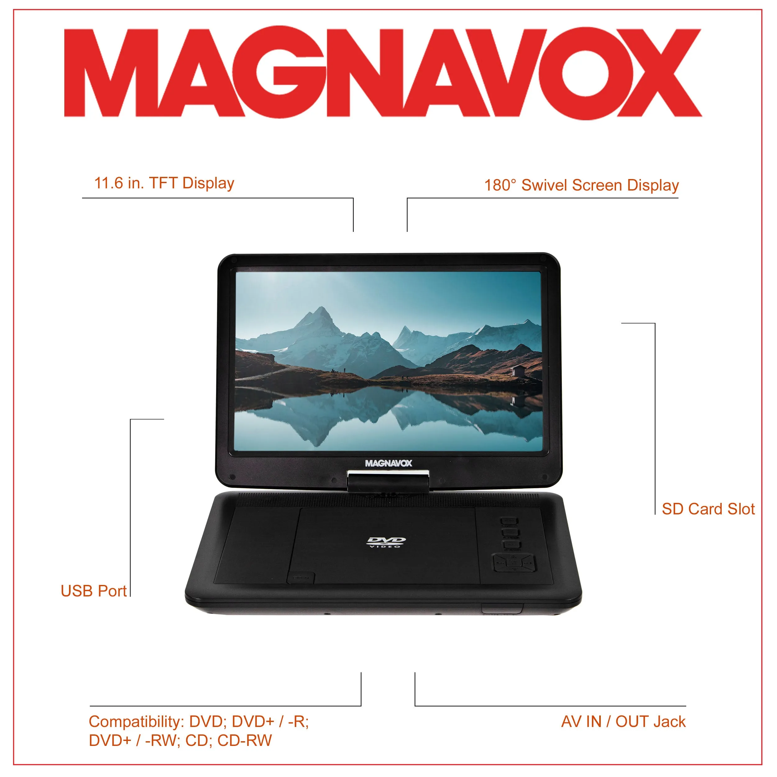 Magnavox MTFT754 Portable 11.6 Inch TFT Swivel Screen DVD/CD Player in Black