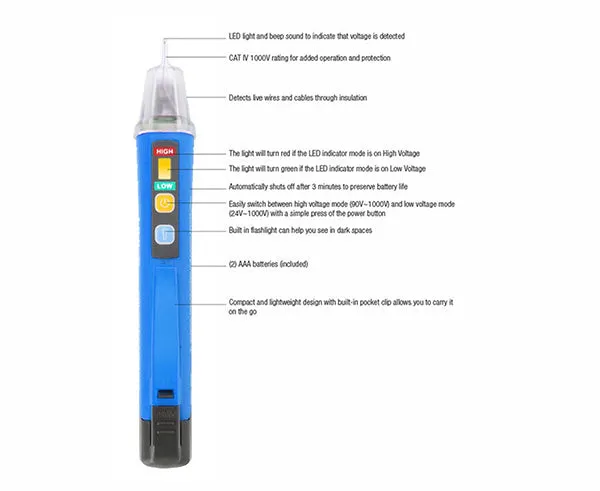 Non-Contact Dual Range Voltage Detector Pen, 24-1000VAC & 90-1000VAC W/LED Flashlight