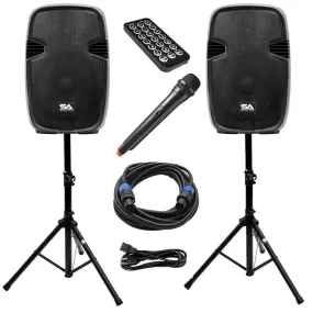 PAIO15 - Active 15 Inch PA Speaker System - Bluetooth, Wireless Mic, Speaker Stands and Cables