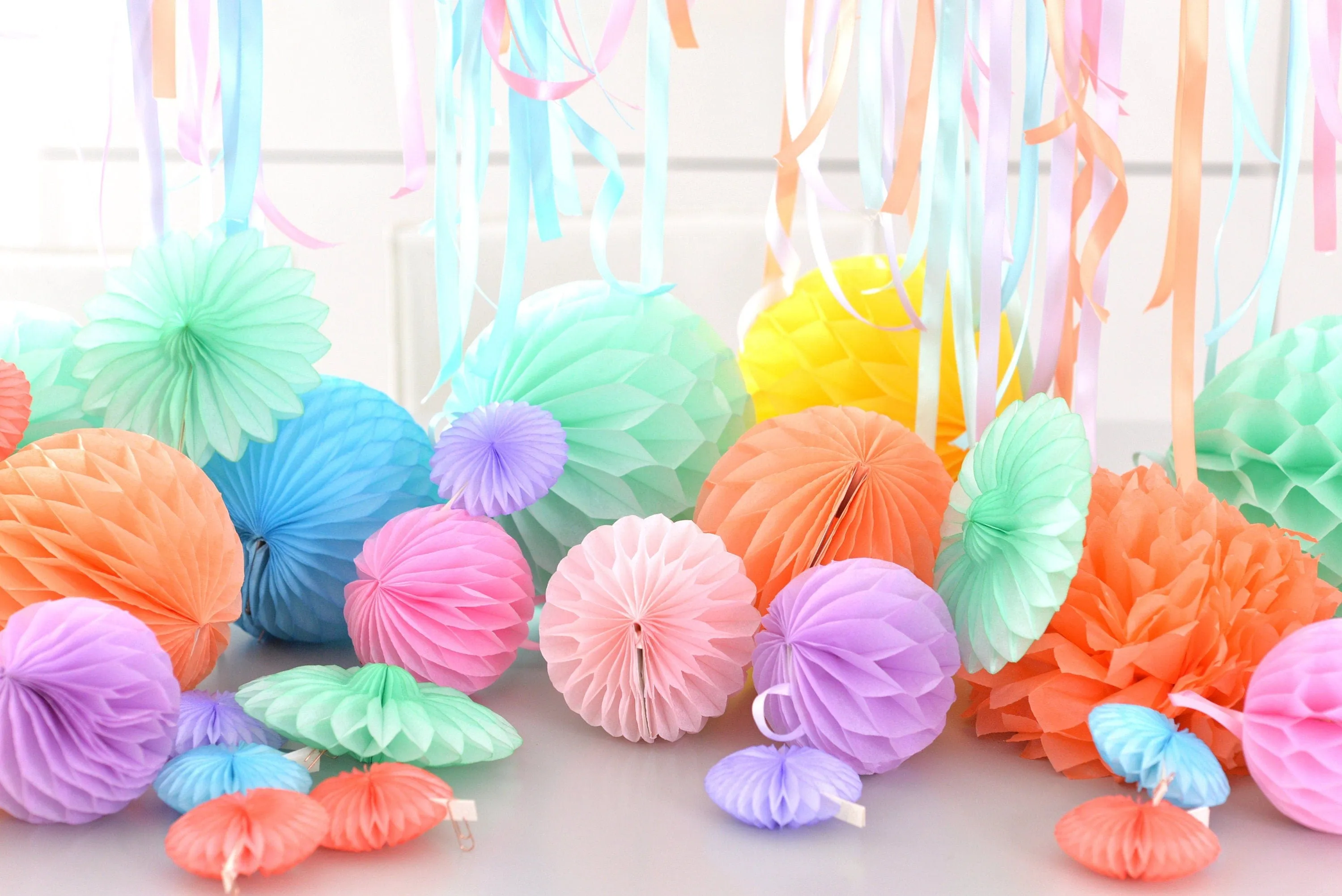 Party Paper honeycomb decorations hanging honeycomb balls and pom pom set for Birthdays, wedding, baby shower, summer fiesta decor