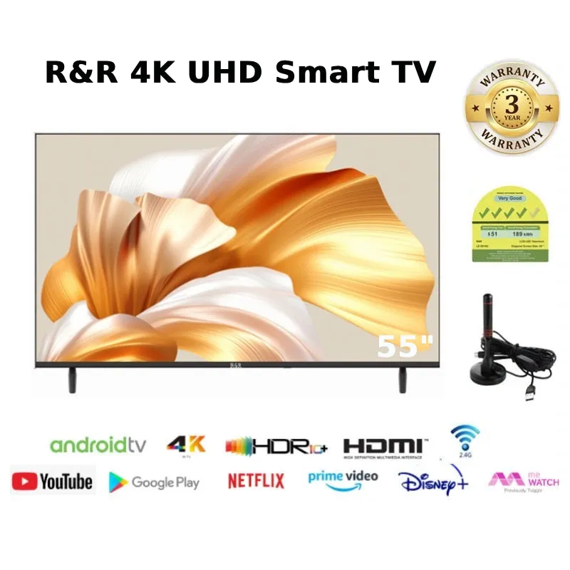 R&R 4K HDR10 Android 13 Smart TV with Google TV,Netflix,Youtube,Google Play 55 inch