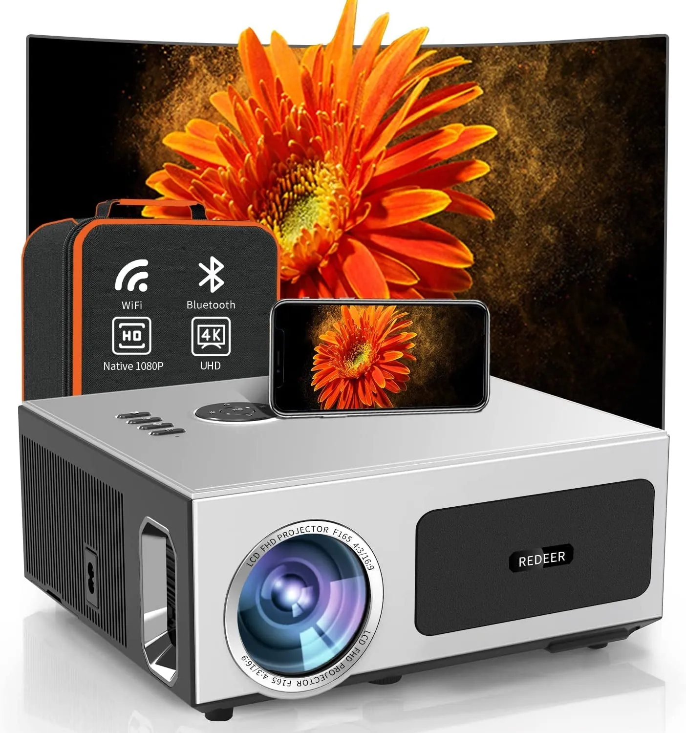 Redeer 4K Projector Max 500"Display,1000Ansi Projector 4K Wifi and Bluetooth,Native 1080P Outdoor Projector Supprot 50%Zoom.Ppt.4P/4D & ±50°Keystone,Dolby